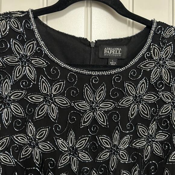 Adrianna Papell Silk Beaded Top L Black Evening Cocktail Scalloped Hem Formal - Picture 6 of 16